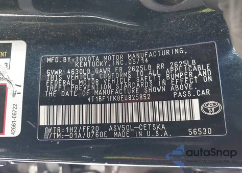 2014 Toyota Camry Se from USA, damaged, VIN 4T1BF1FK8EU825852